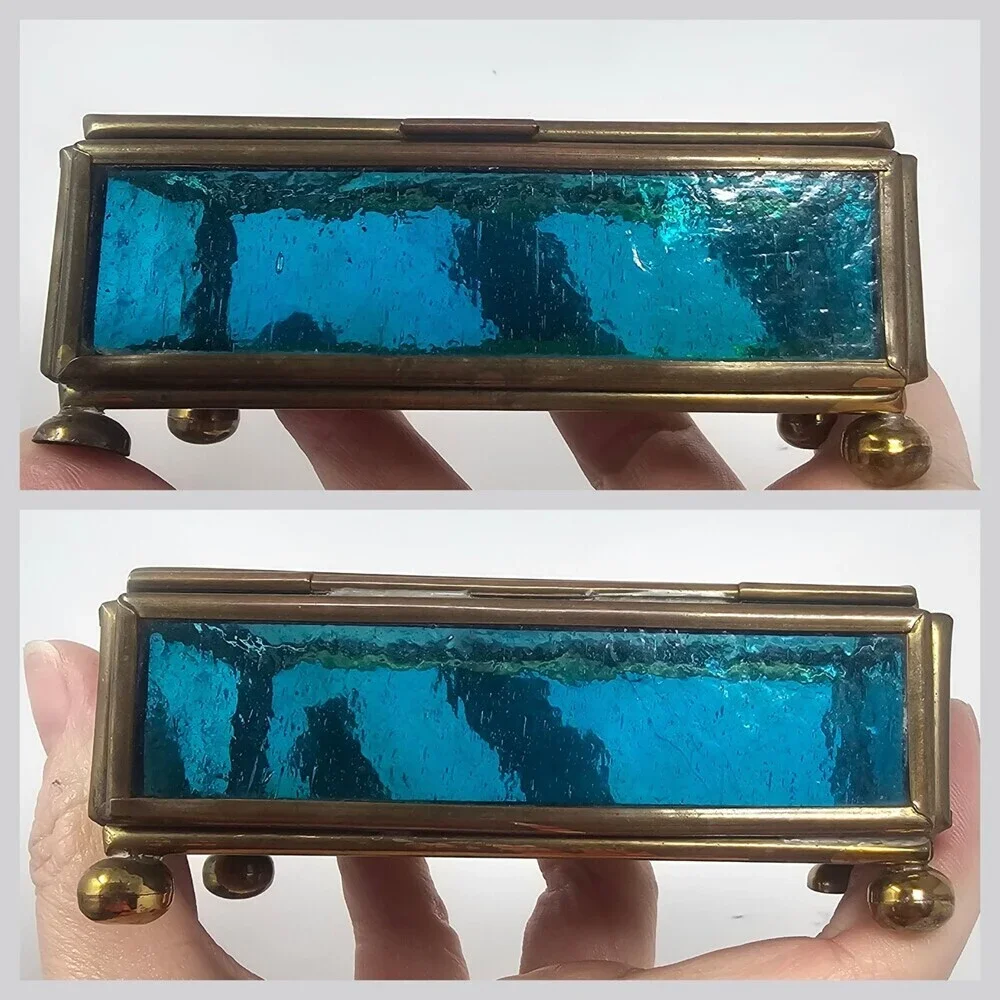 Vtg Brass & Etched Blue Glass Jewelry Trinket Box Footed Mirrored Made In Mexico